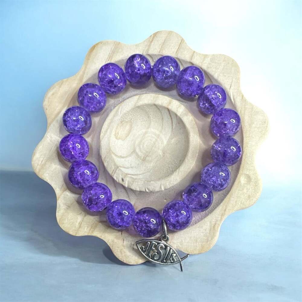Unbranded 12mm Purple Crackled Glass Bead Jesus Fish Charm Bracelet